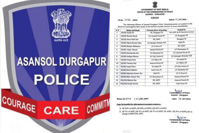 आसनसोल-दुर्गापुर पुलिस कमिश्नरेट में बड़ा फेरबदल, 16 पुलिस अधिकारियों का तबादला