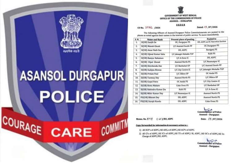आसनसोल-दुर्गापुर पुलिस कमिश्नरेट में बड़ा फेरबदल, 16 पुलिस अधिकारियों का तबादला